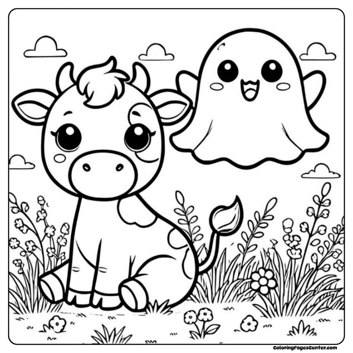 Halloween cow coloring page featuring a ghost in a field