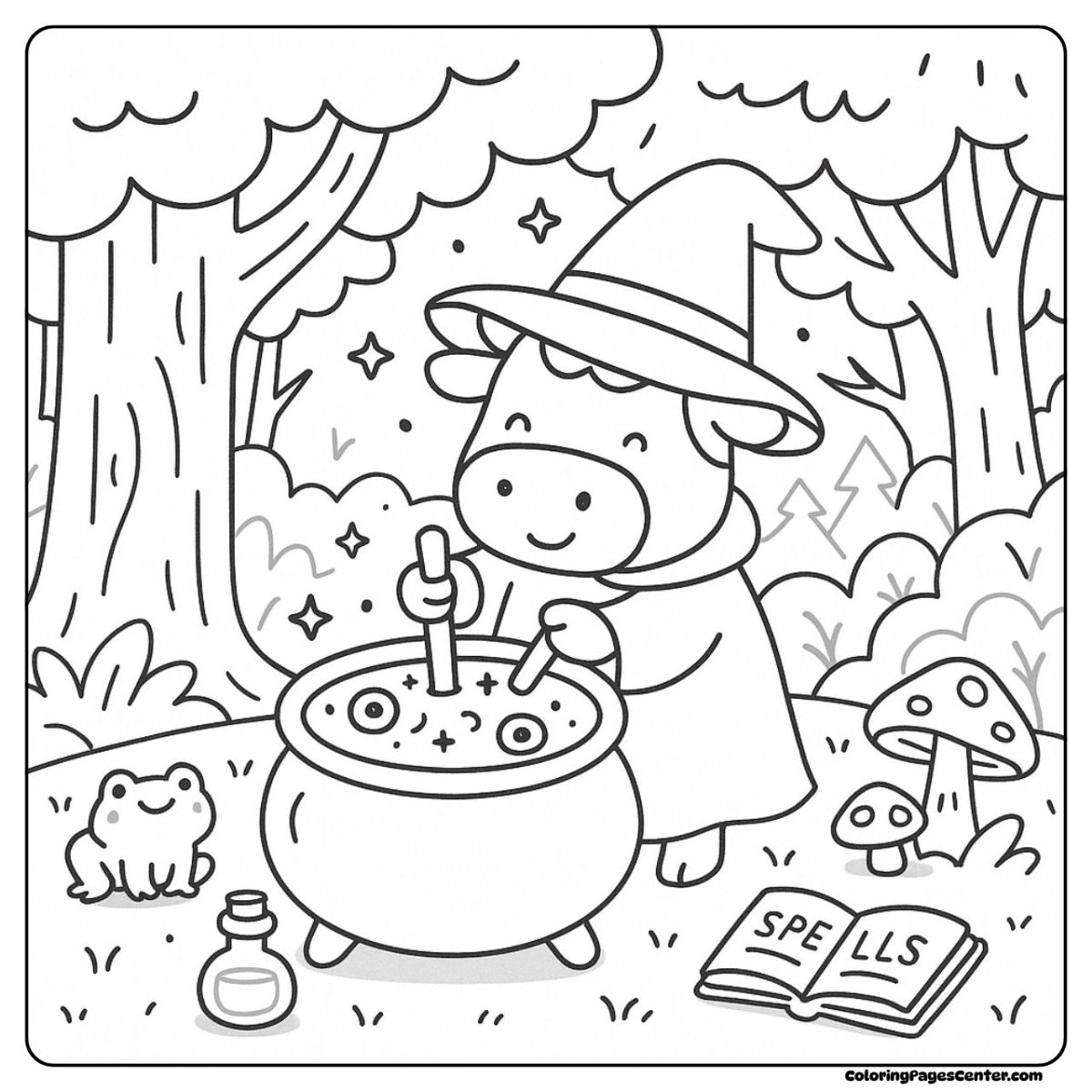 Witchy Halloween cow coloring page stirring a bubbling brew