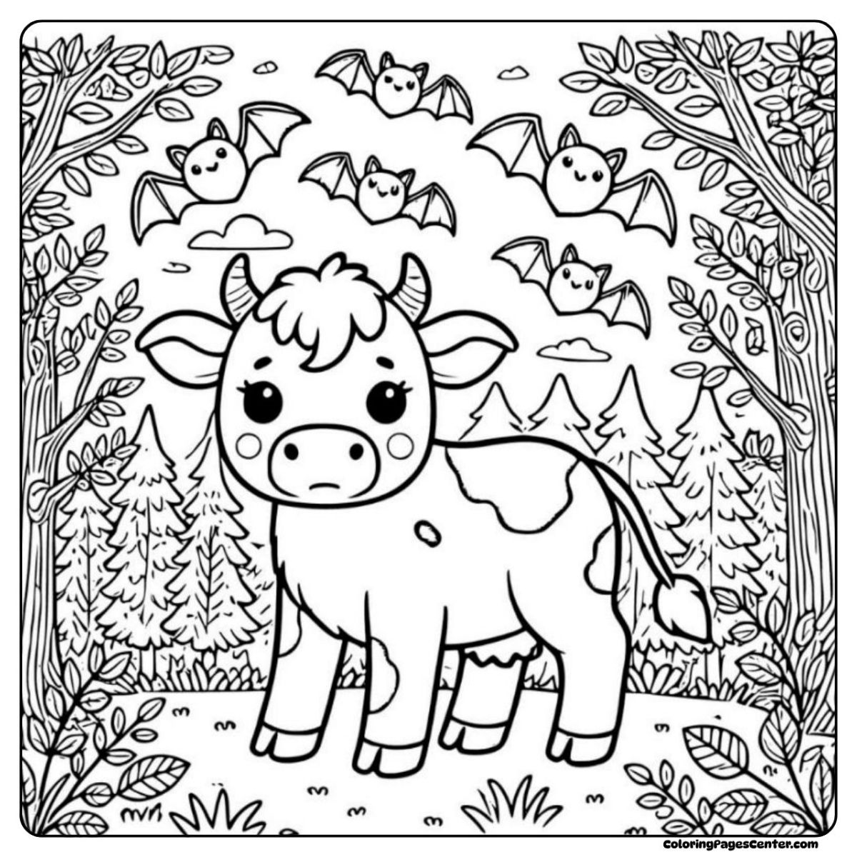 Halloween cow coloring page in a moonlit forest of bats