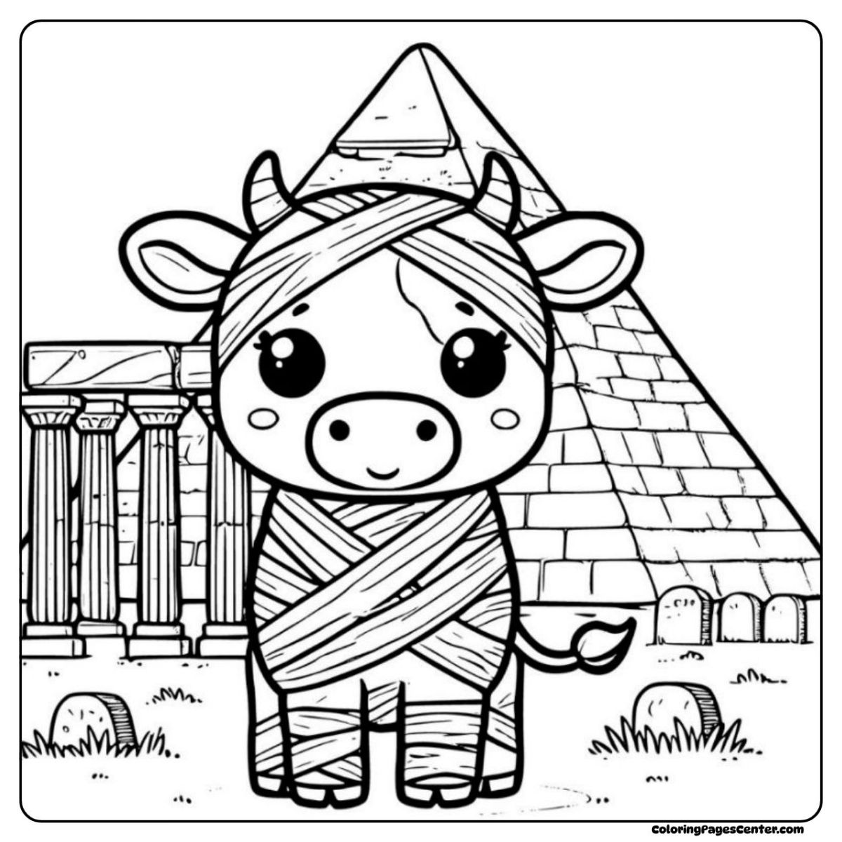 Halloween cow coloring page dressed as mummy in ancient setting