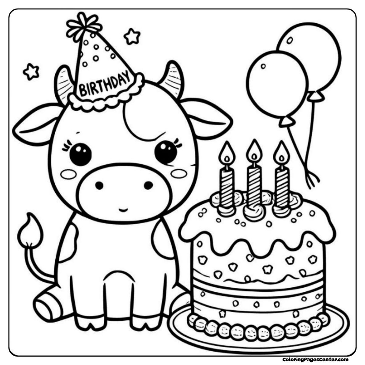 Happy Birthday Cow Coloring Page with Cake, Candles, and Balloons Cute Happy Birthday Cow Coloring Page, Party Hat, Big Cake, and Balloons