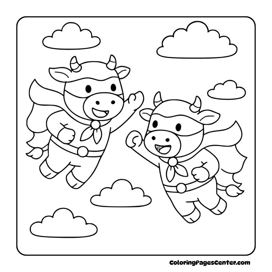 Cow coloring pages of flying cows in superhero costumes