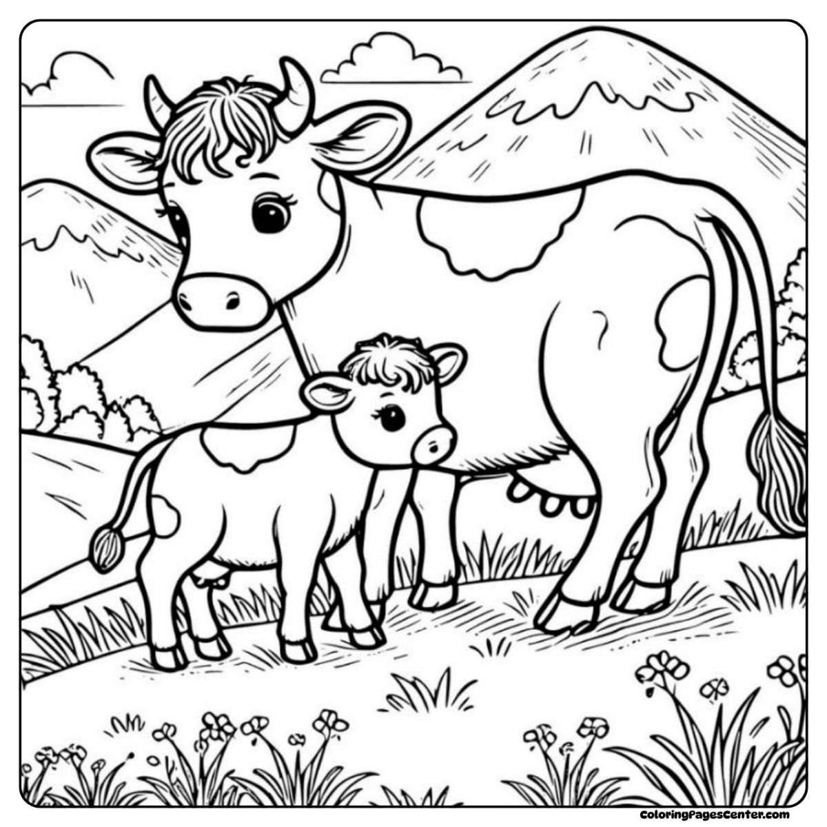 Cow and calf coloring page on rolling hills