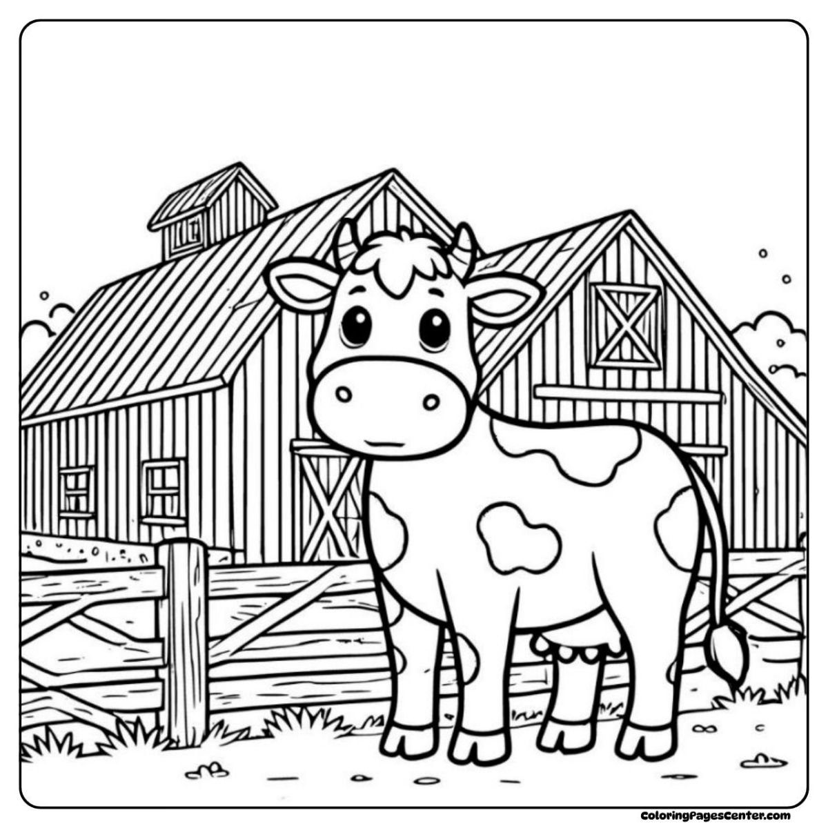 Holstein cow coloring page with wooden barn and sunny sky