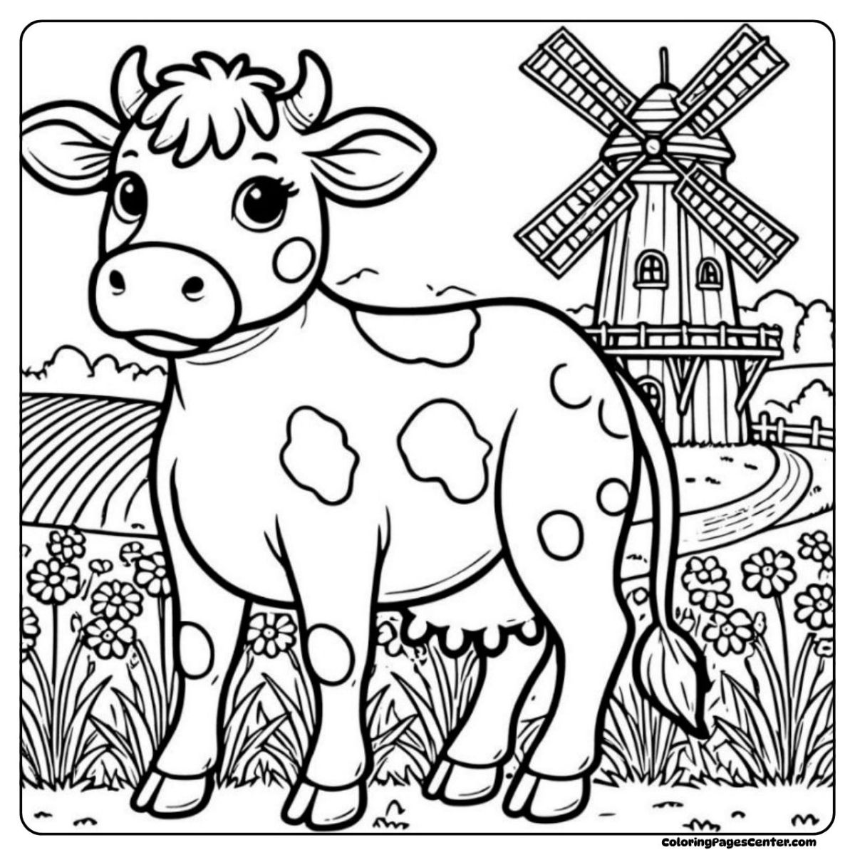 Holstein cow coloring page with windmill and rows of spring flowers