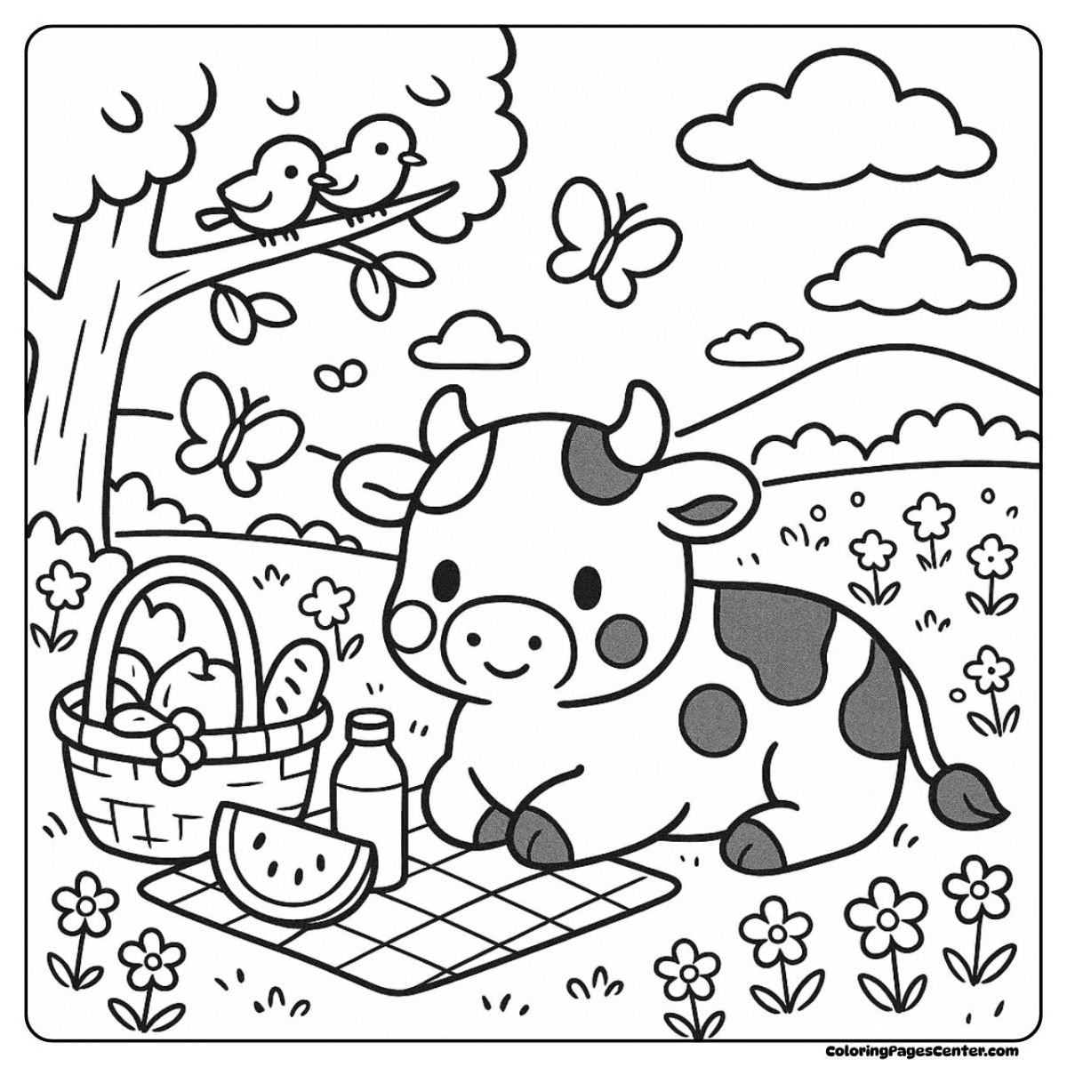 Holstein cow coloring page with fruit basket and summer snacks
