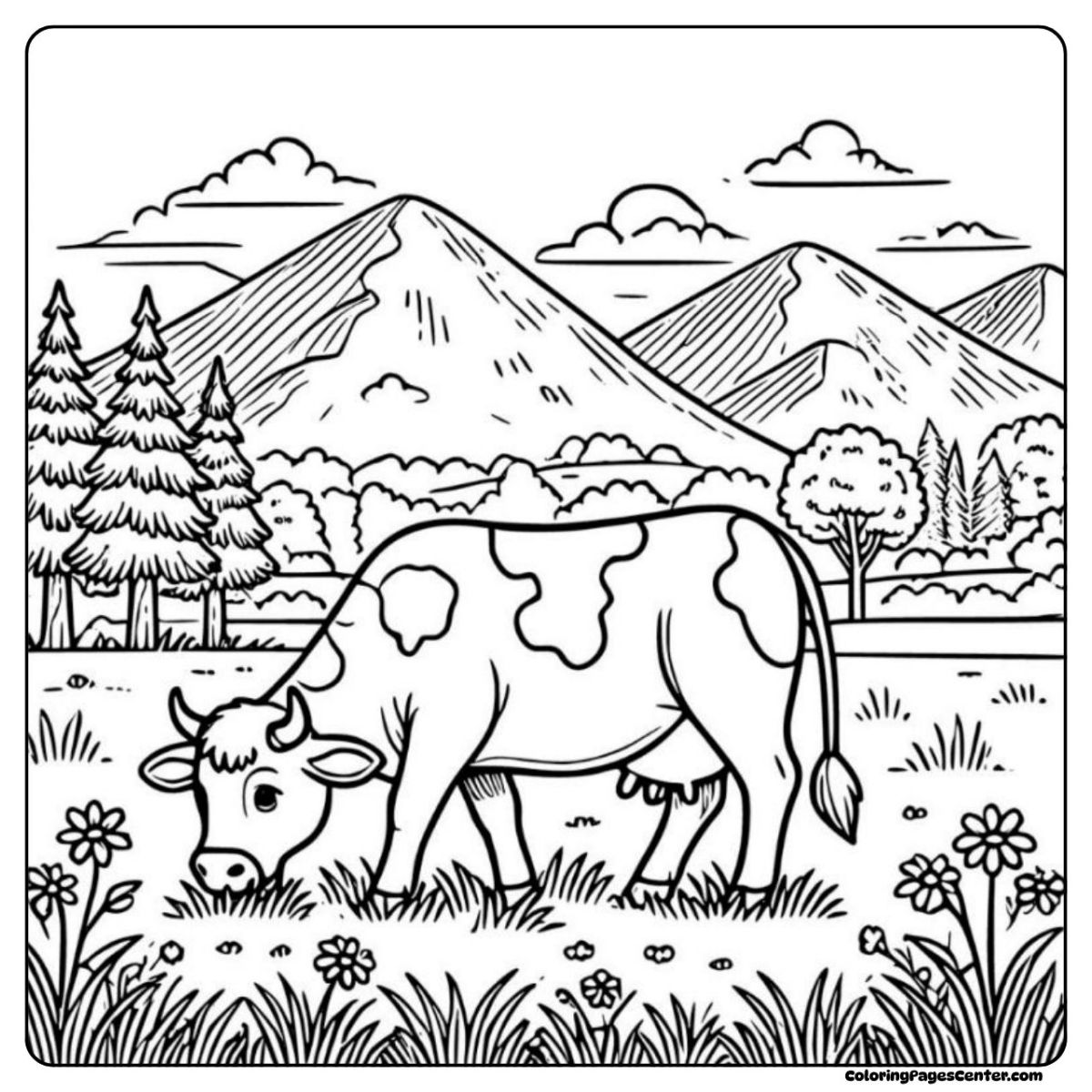 Holstein cow coloring page with mountains, wildflowers, and open sky