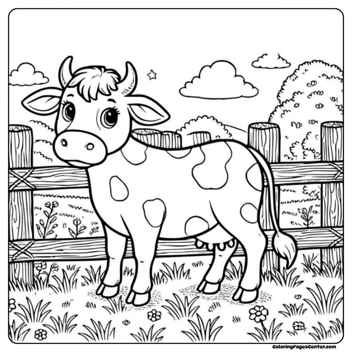 Holstein cow coloring page with grassy pasture and classic fence