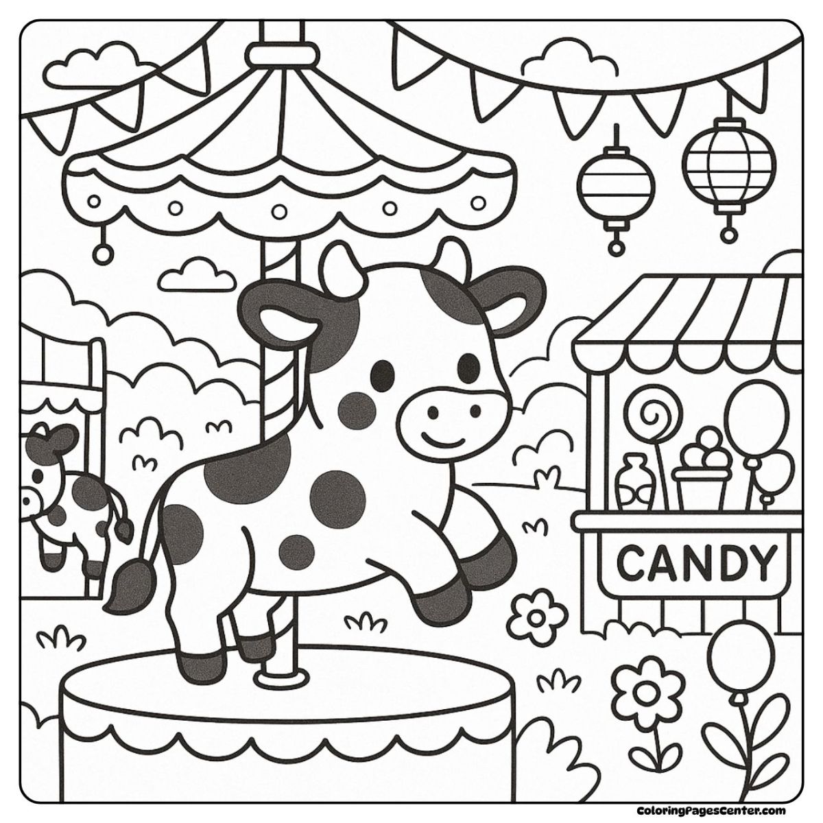 Holstein cow coloring page at a lively fair with treats and rides