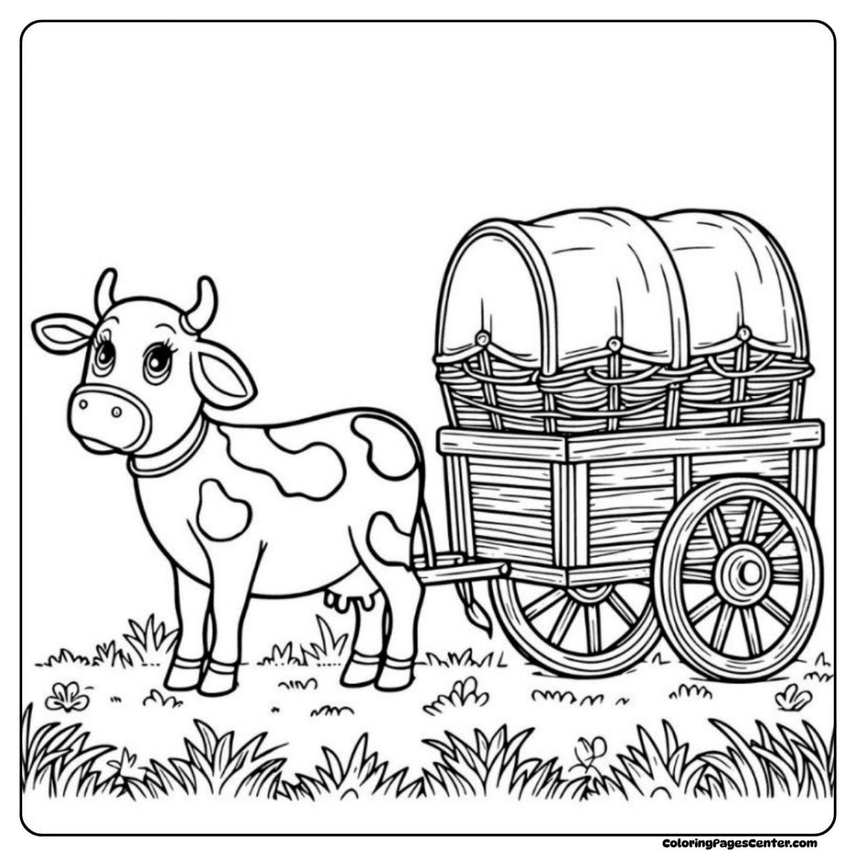 Holstein cow coloring page pulling an old wagon across the field