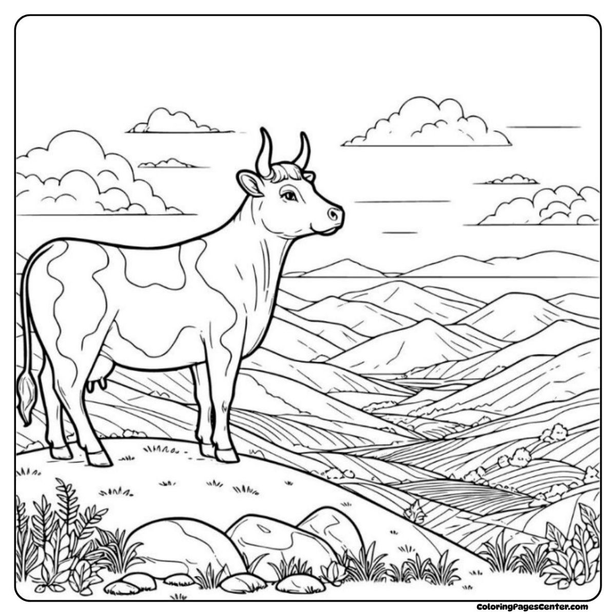 Holstein cow coloring page with peaceful hills and endless open farmland views Holstein cow coloring page stands high on a hill, gazing out at quiet country fields