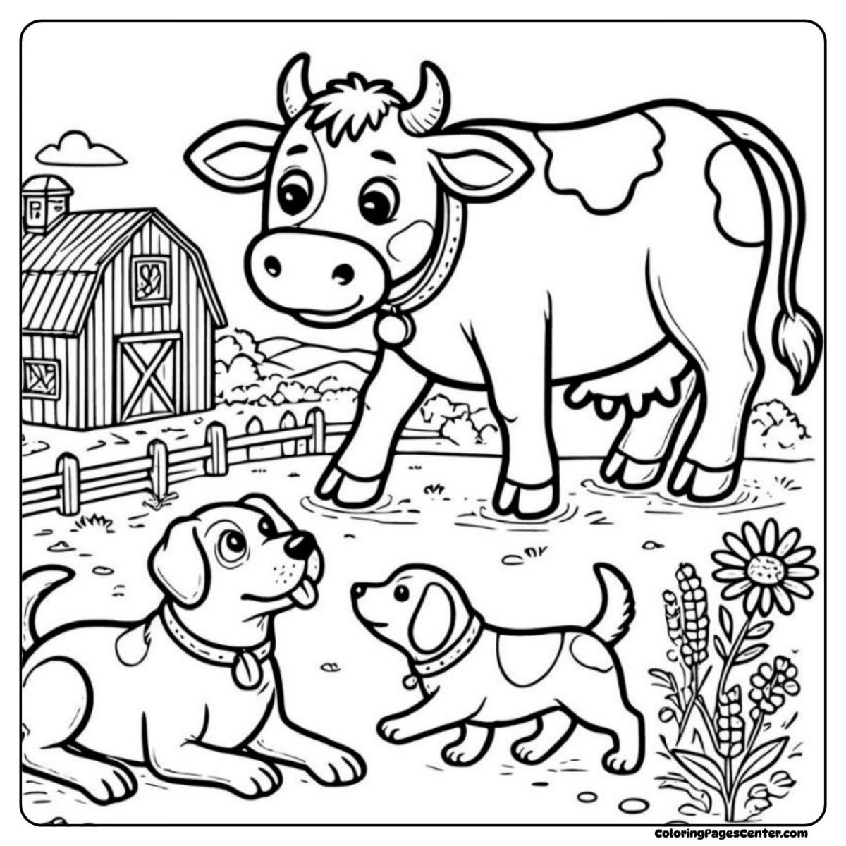 Holstein cow coloring page with puppies and big red barn in background