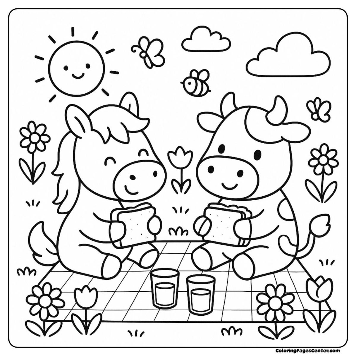 Cute horse and cow coloring sheet with sandwiches and flowers