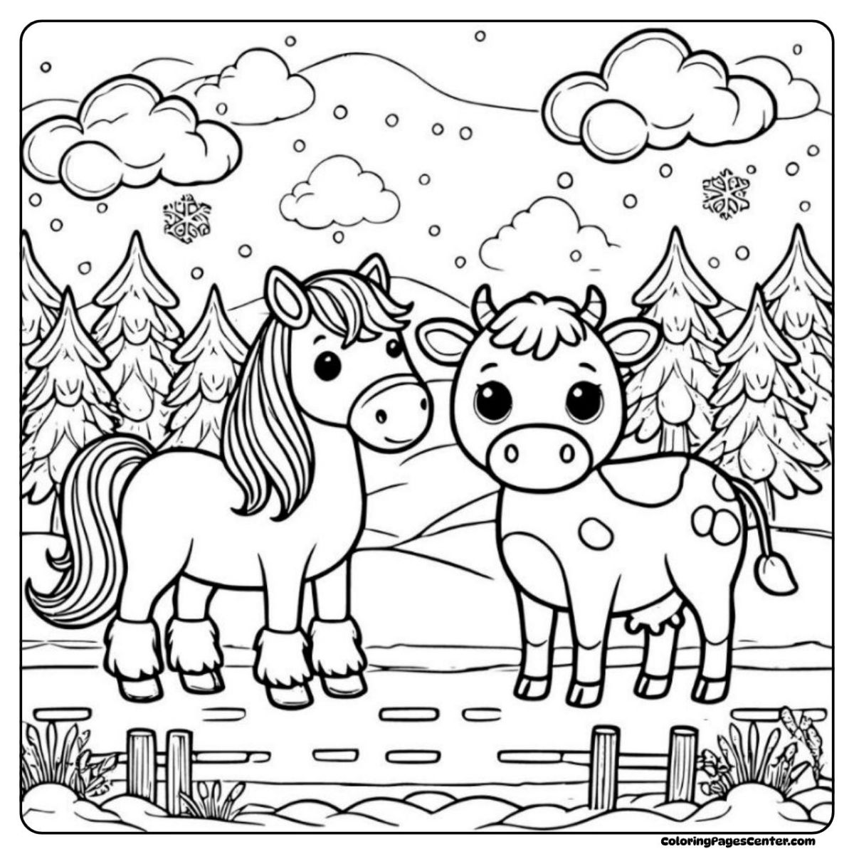 Snowy horse and cow coloring picture with pine trees and clouds