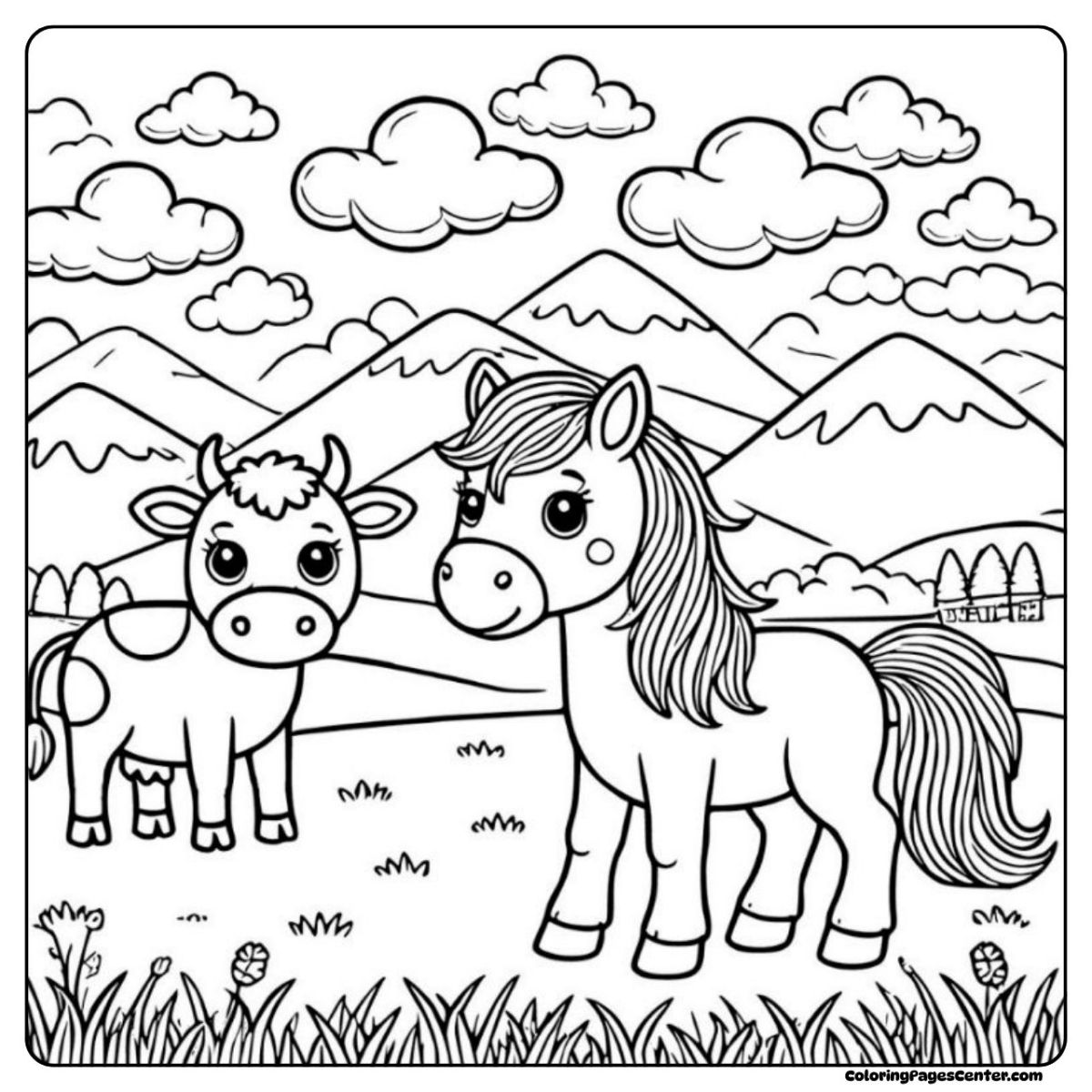 Charming cow and horse coloring image with clouds and hills