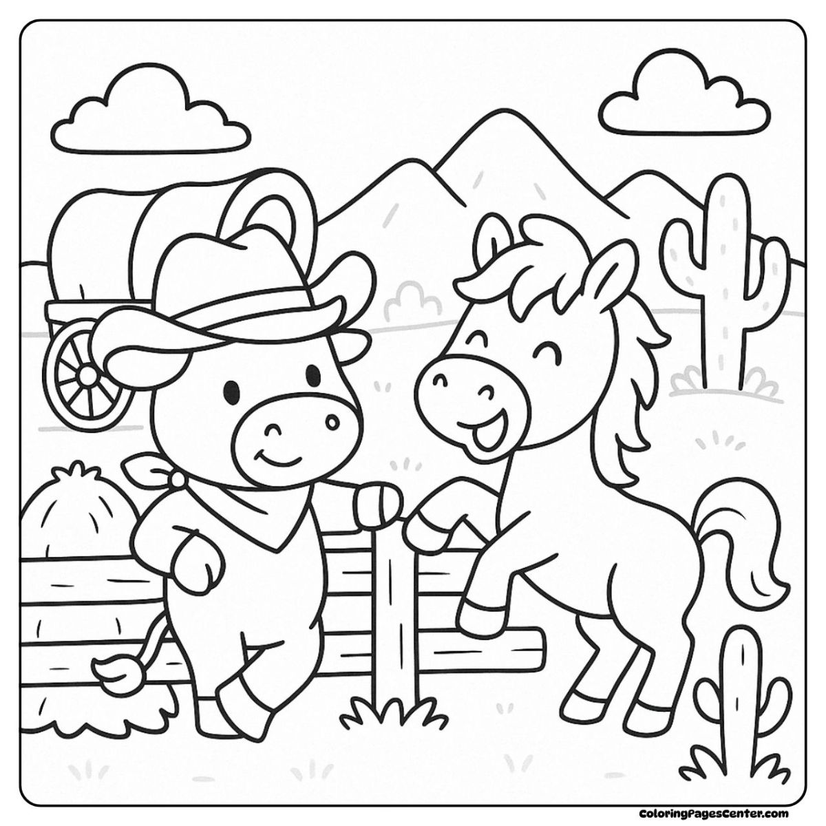 Western horse and cow coloring sheet with mountains and cactus