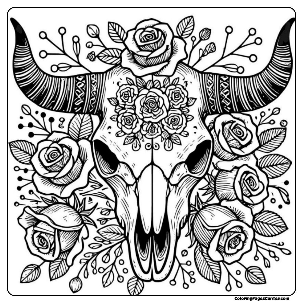 Intricate floral cow skull coloring page for adults Cow skull coloring sheet filled with roses and detailed floral patterns