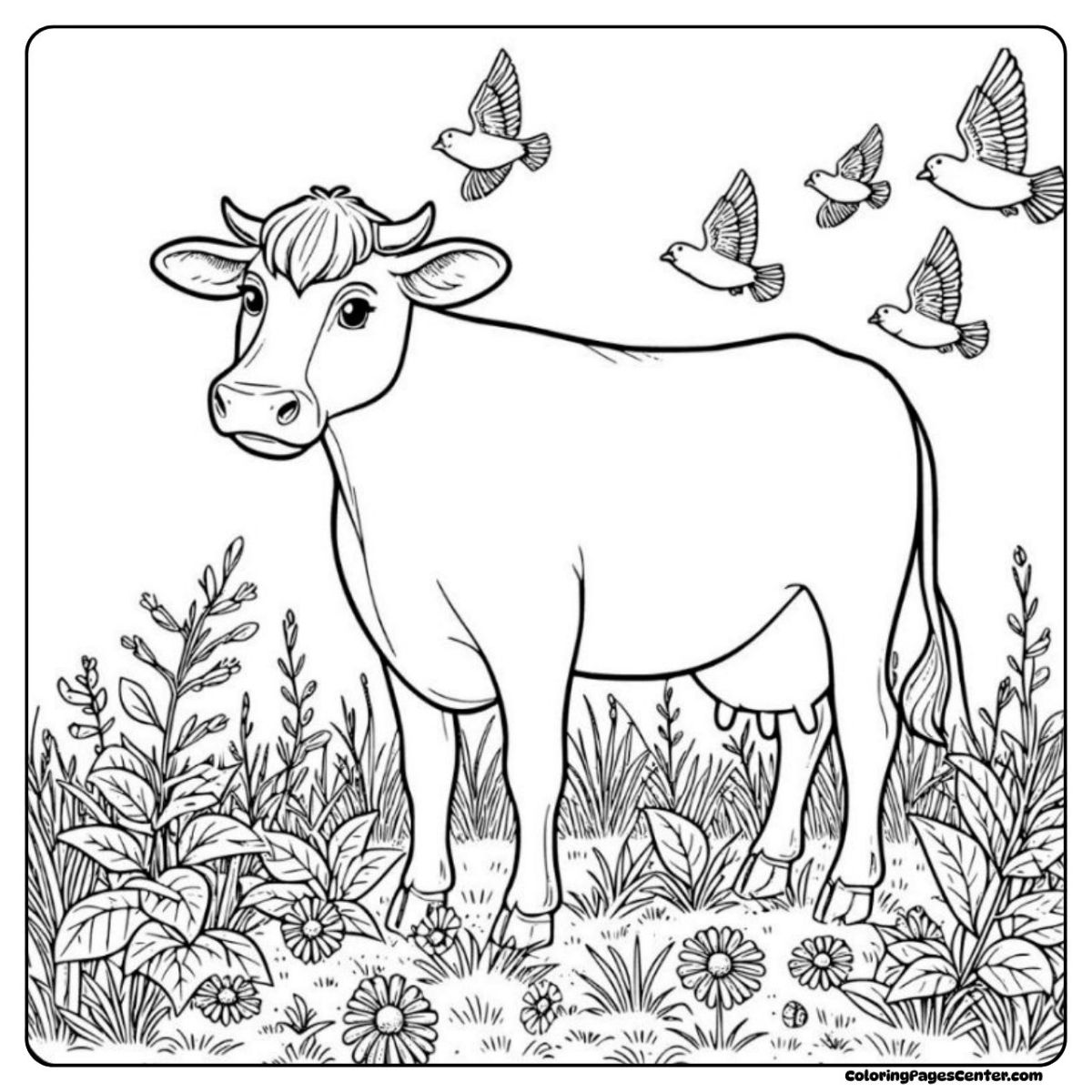 Jersey cow coloring page where birds fly over a cow and wildflowers bloom