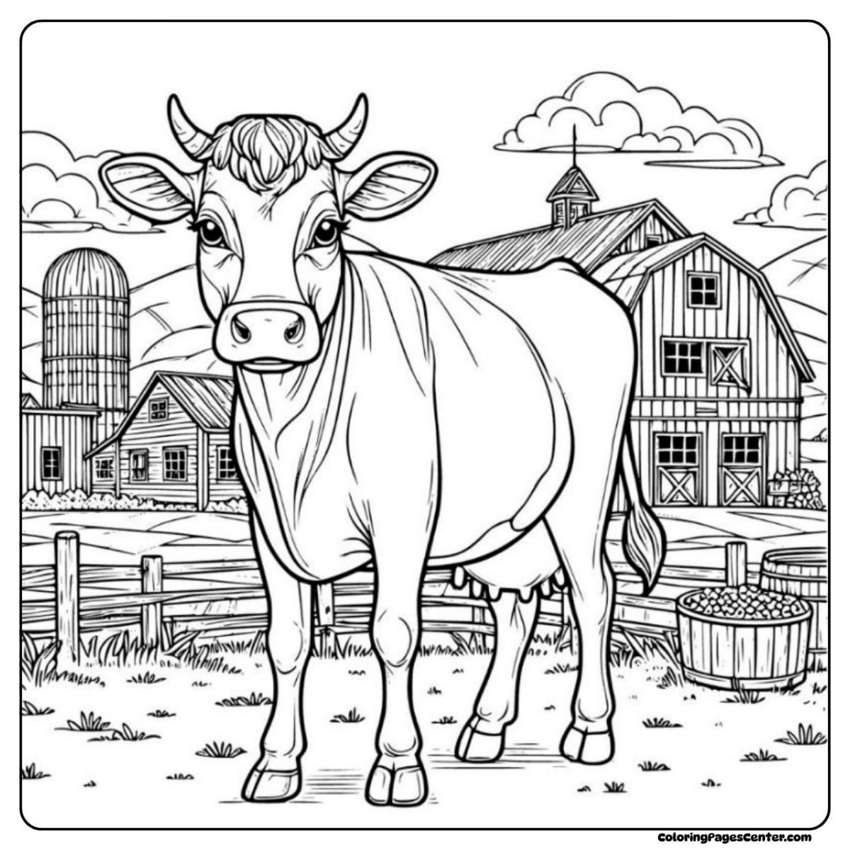 Jersey cow coloring page near the classic barn and a field of grass