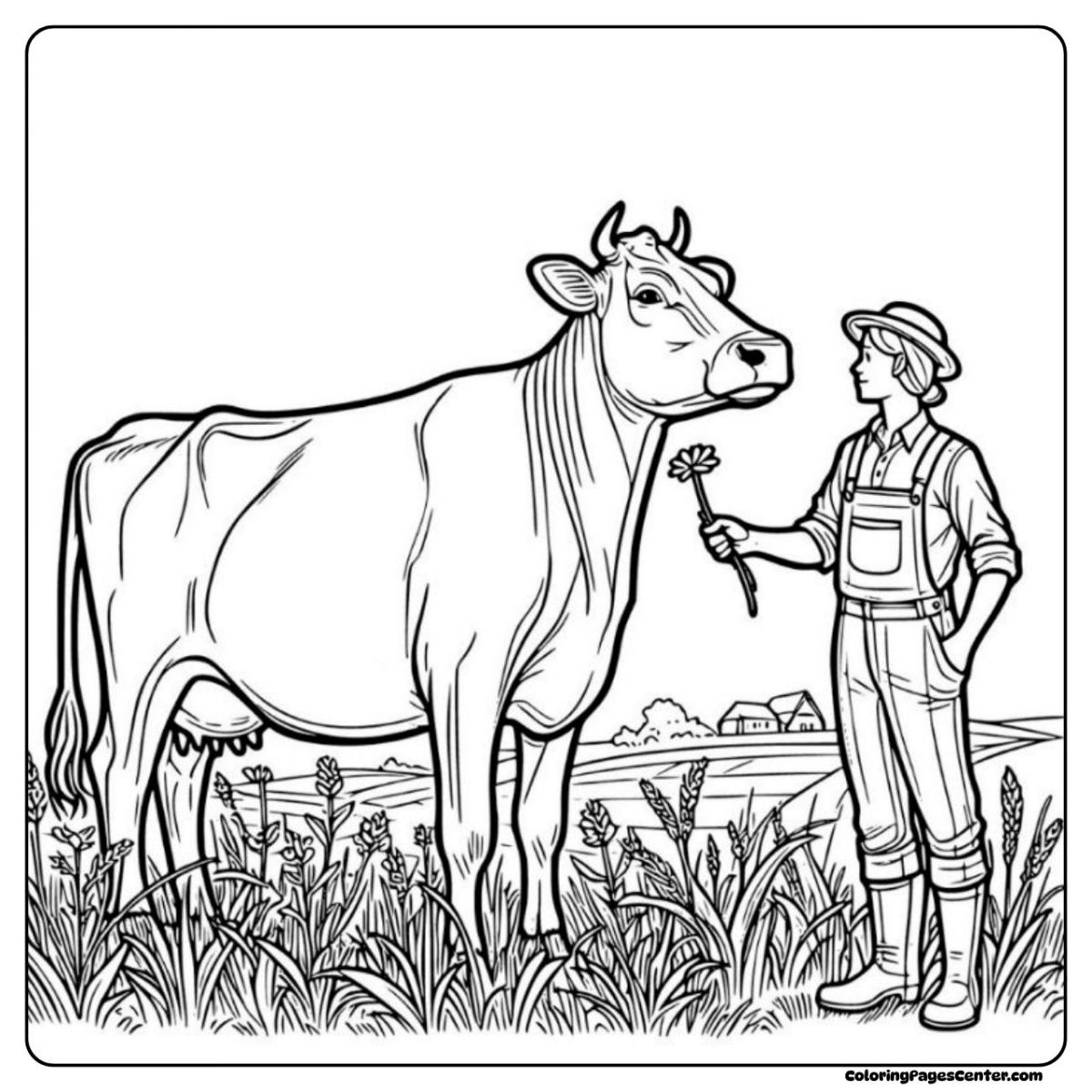 Jersey cow coloring page where a farmer meets a cow with a simple daisy