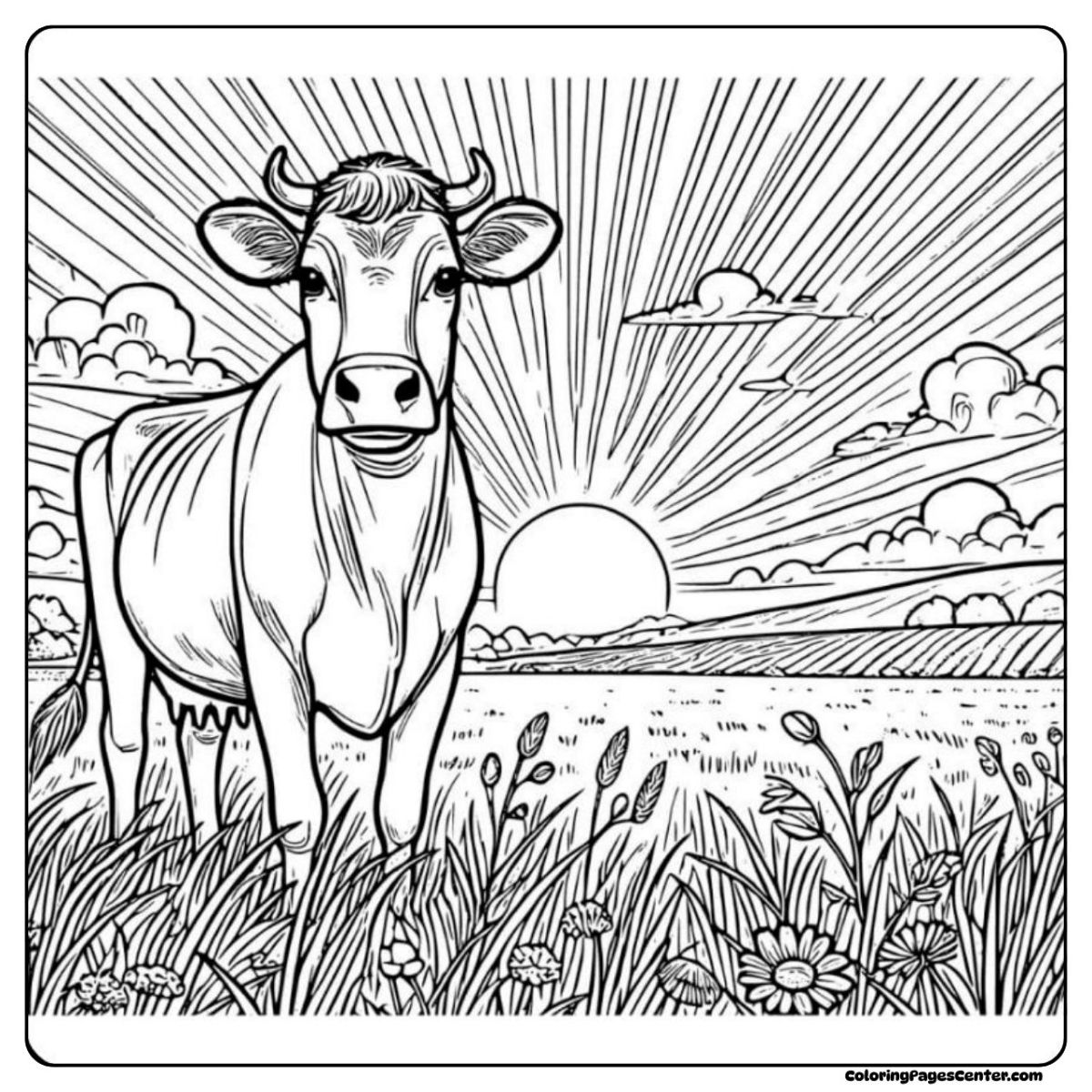 Jersey cow coloring page showing a cow as the sun rises behind her