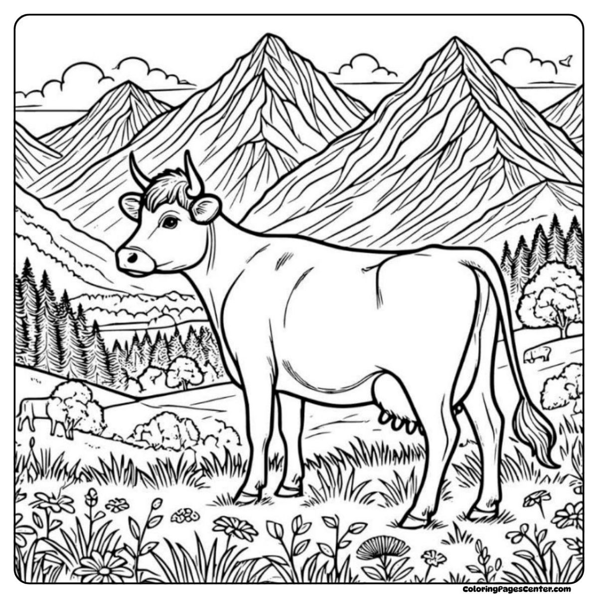 Jersey cow coloring page where a cow stands near tall pines and mountains
