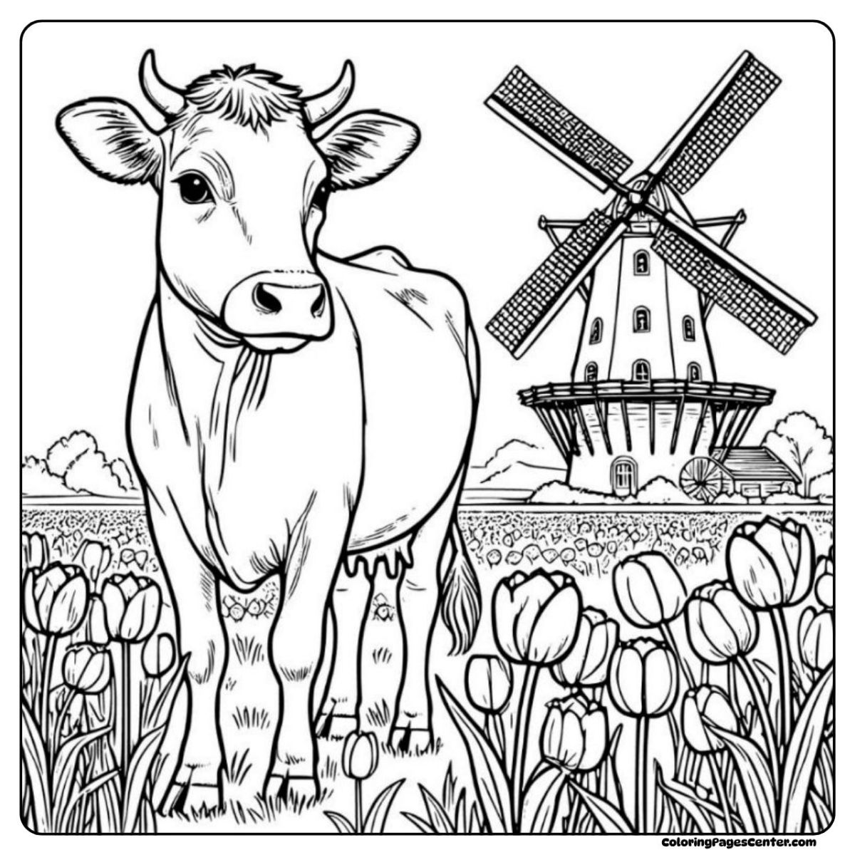Jersey cow coloring page set among blooming tulips and a tall windmill