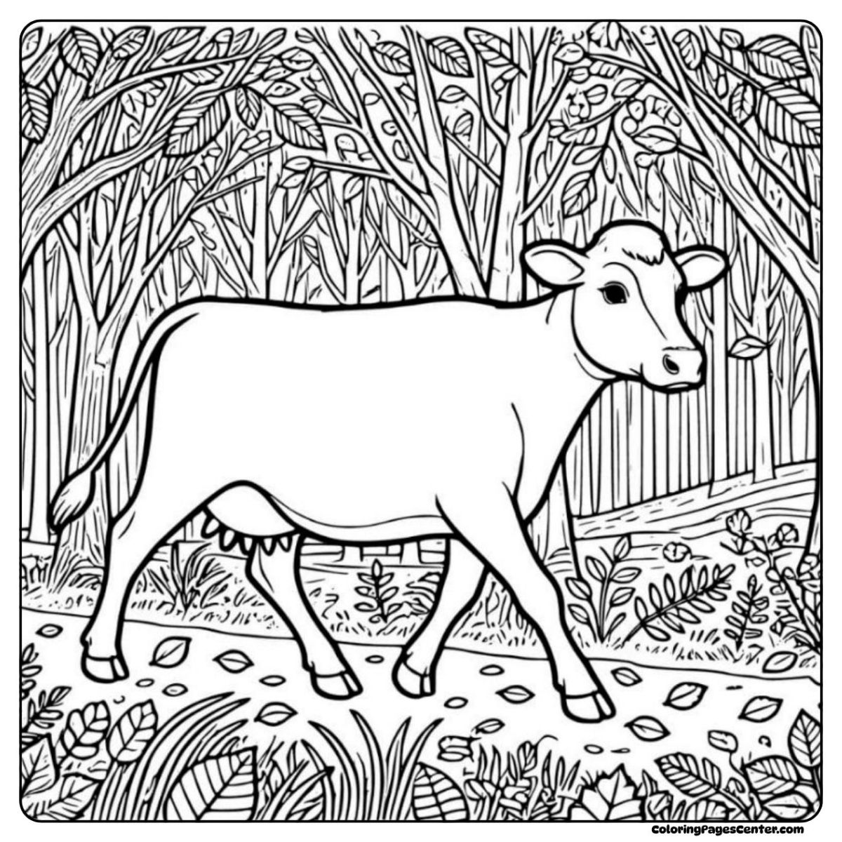 Jersey cow coloring page exploring through leafy trees and woodland trails