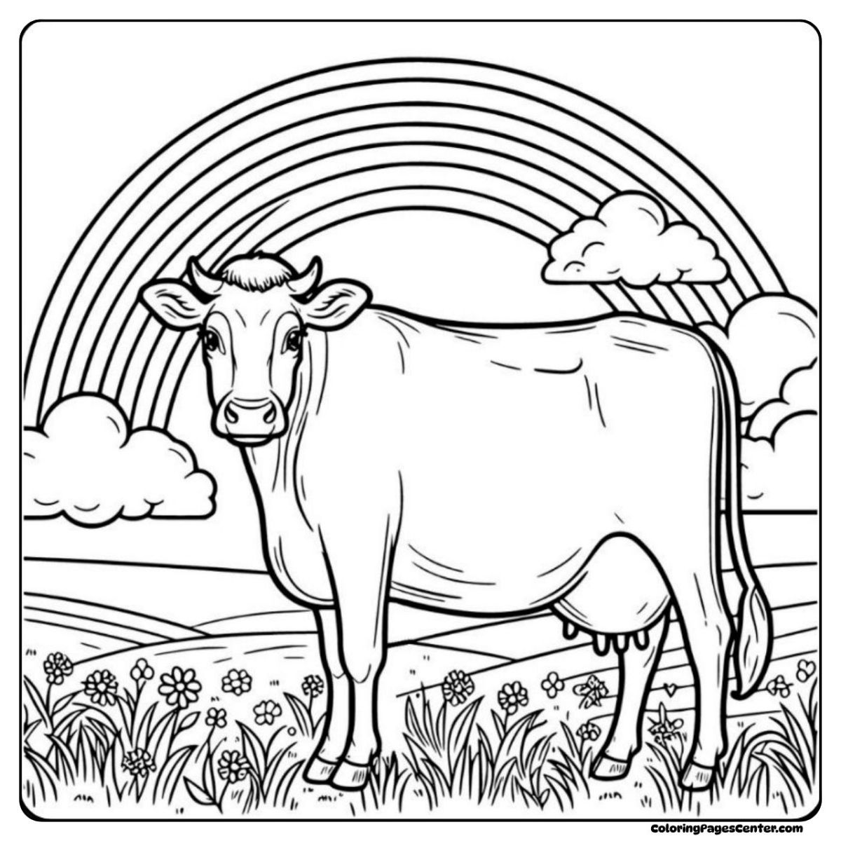 Jersey cow coloring page under a colorful rainbow and soft clouds