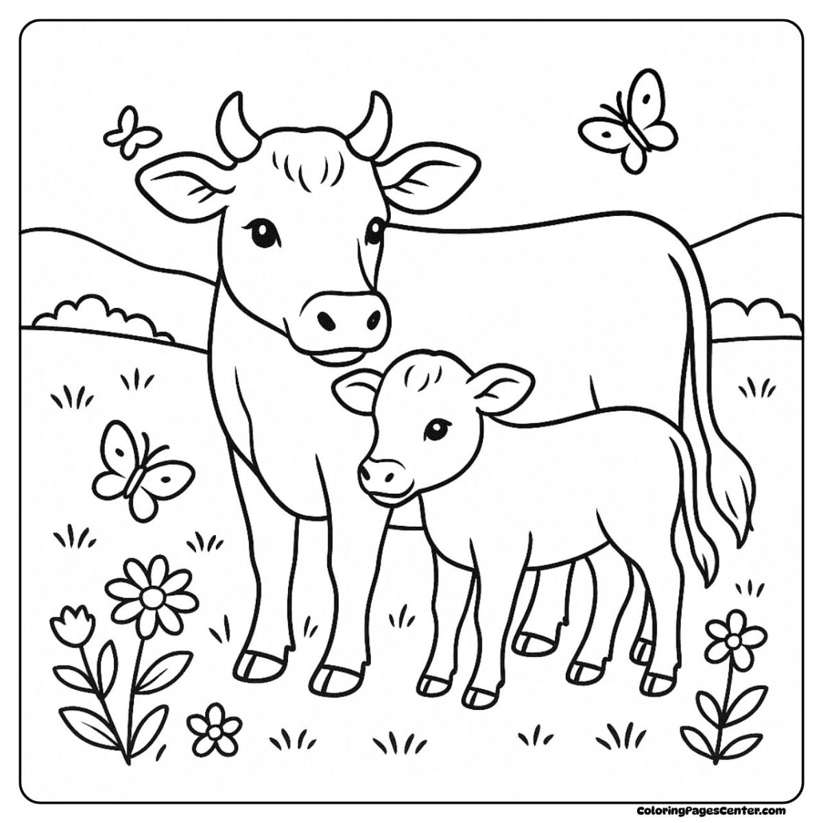 Jersey cow coloring page where a cow and her calf enjoy the fresh air