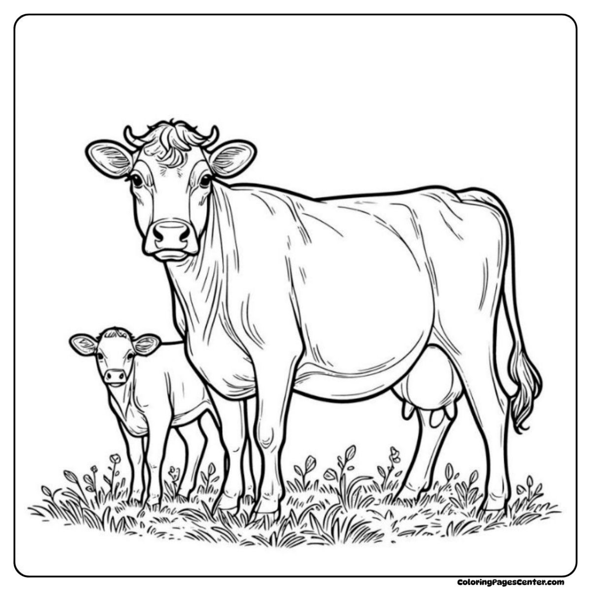 Jersey cow coloring page with a playful calf beside her in the meadow