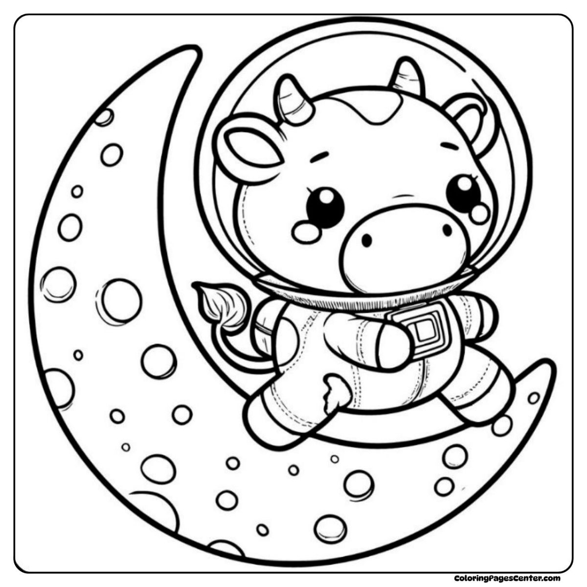 Little astronaut cow jumping over a spotted moon in space Charming cow in a space suit leaping over a patterned moon