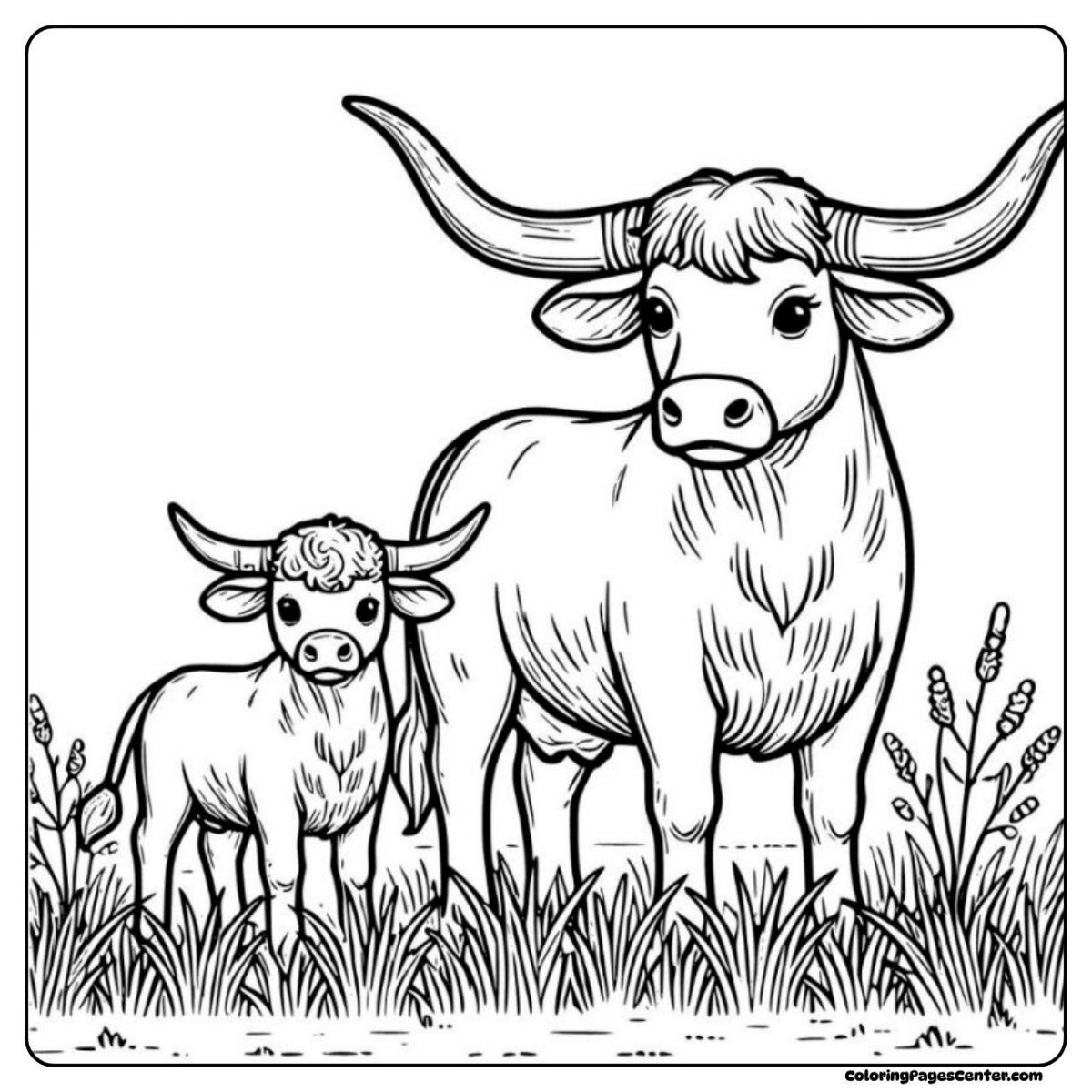Longhorn mother and baby coloring image standing in green grass under a big sky