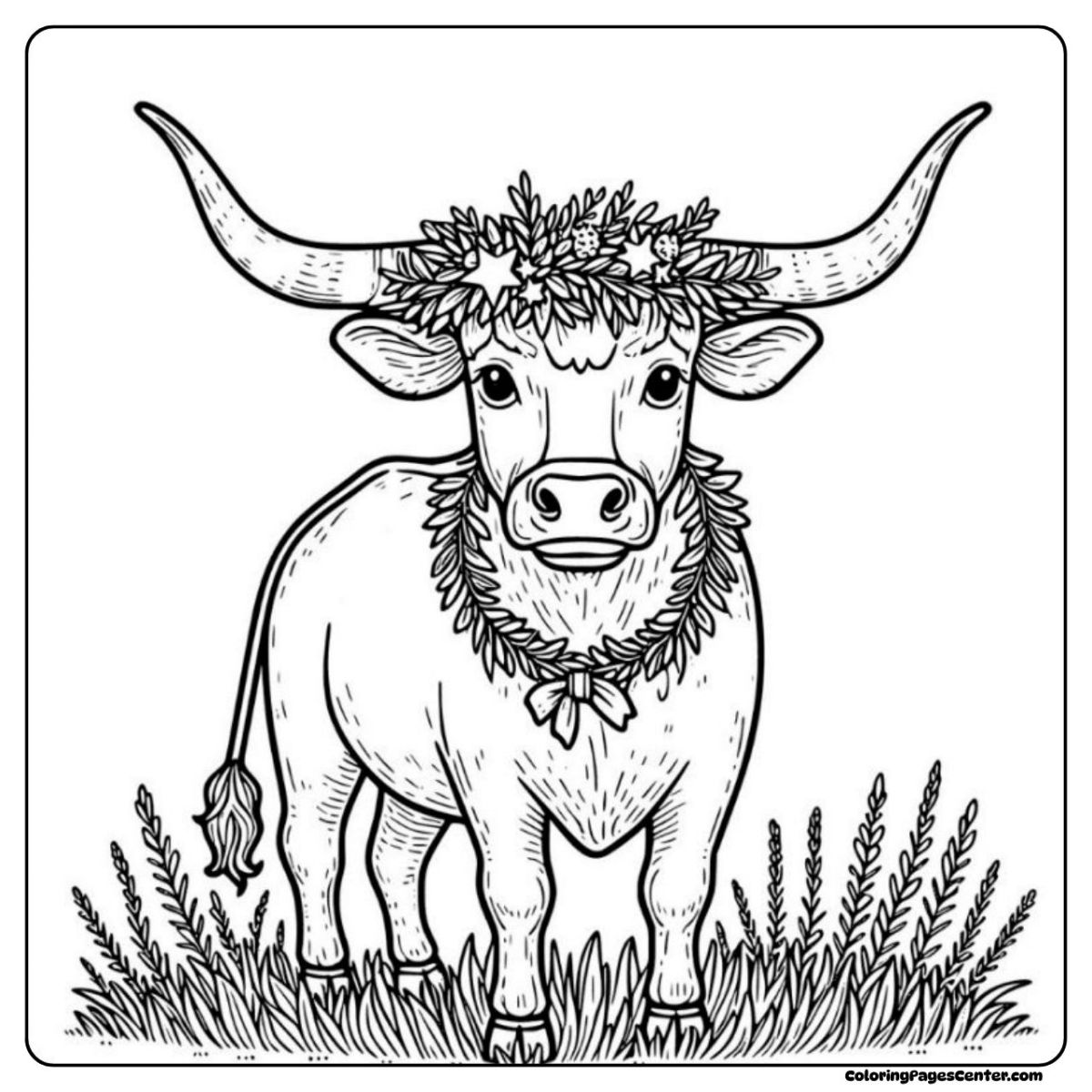 Whimsical longhorn coloring image  decorated with a wildflower garland, looking sweet and calm