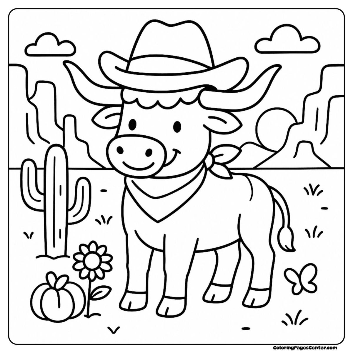 A cheerful longhorn cow coloring sheet with cactus and a western sunset view
