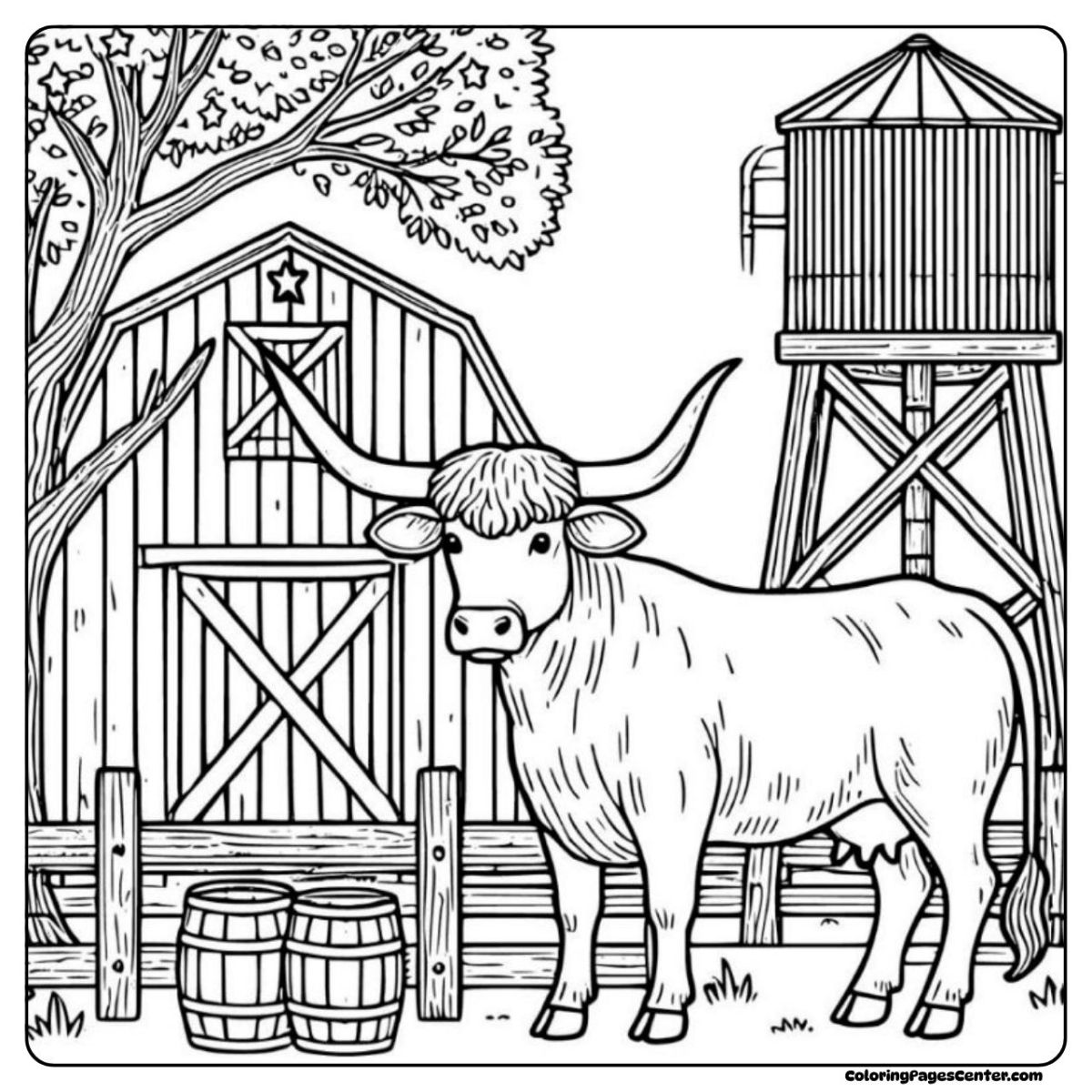 Longhorn cow coloring picture – standing proudly beside barrels, fence, and rustic Texas barn