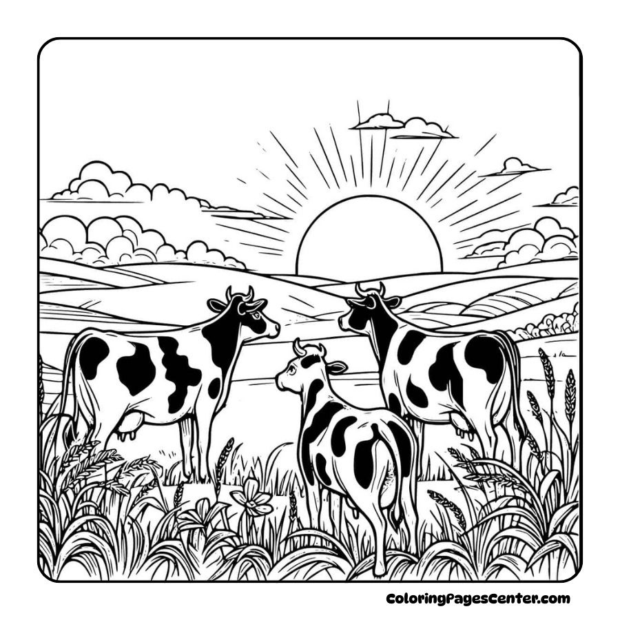 Cow coloring pages with cows facing the horizon at sunset
