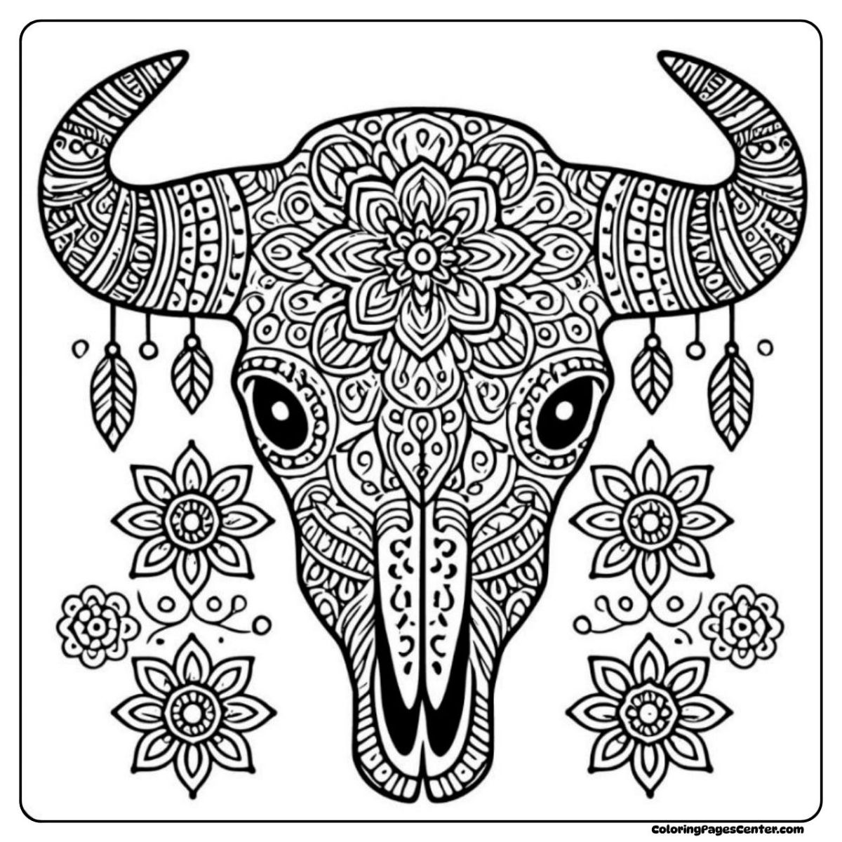 Mandala-style cow skull coloring sheet with feathers Cow skull coloring page with bold mandala art and feather details