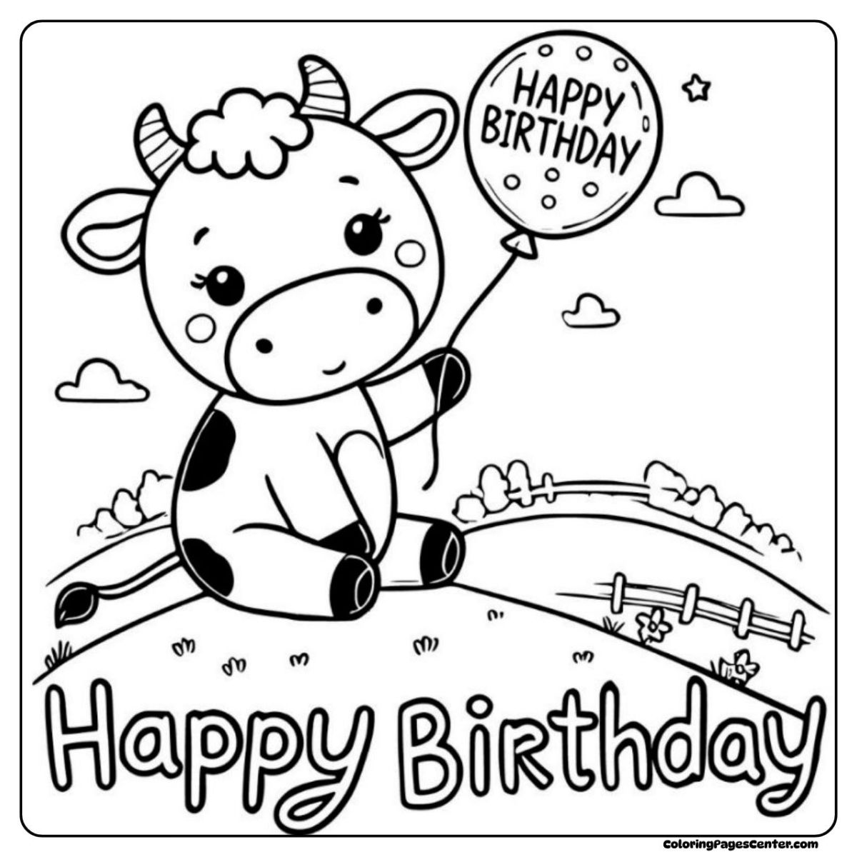 Meadow birthday cow coloring page with balloon and cheerful greetings Happy birthday cow coloring page in a meadow, holding a birthday balloon