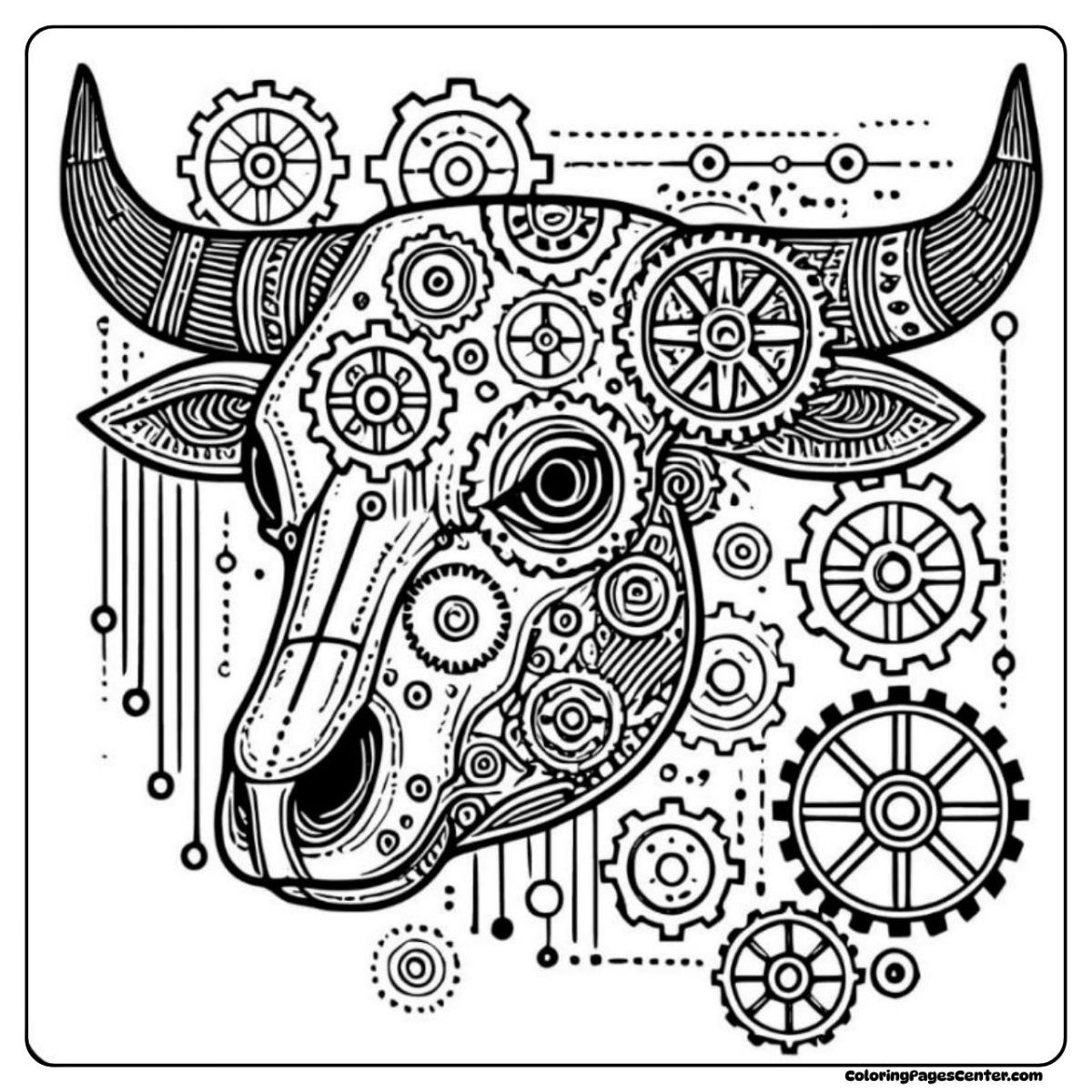 Mechanical cow skull coloring page for creative minds Cow skull coloring page mixed with gears and steampunk details