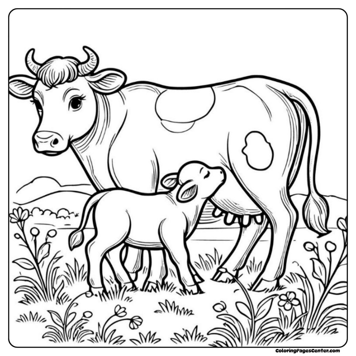 Dairy cow coloring page with a calf nursing in the green field