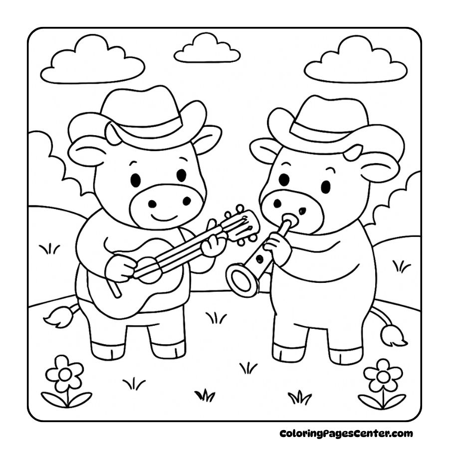 Cow coloring pages of cows wearing hats and making music