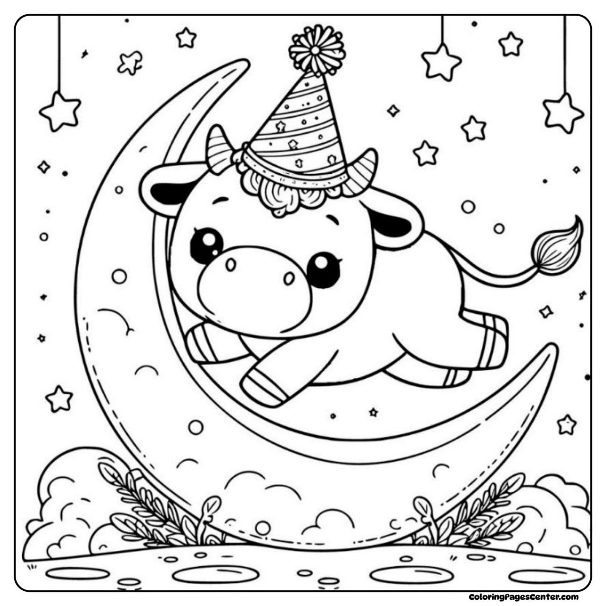 Happy cow wearing a hat and leaping over a joyful moon scene