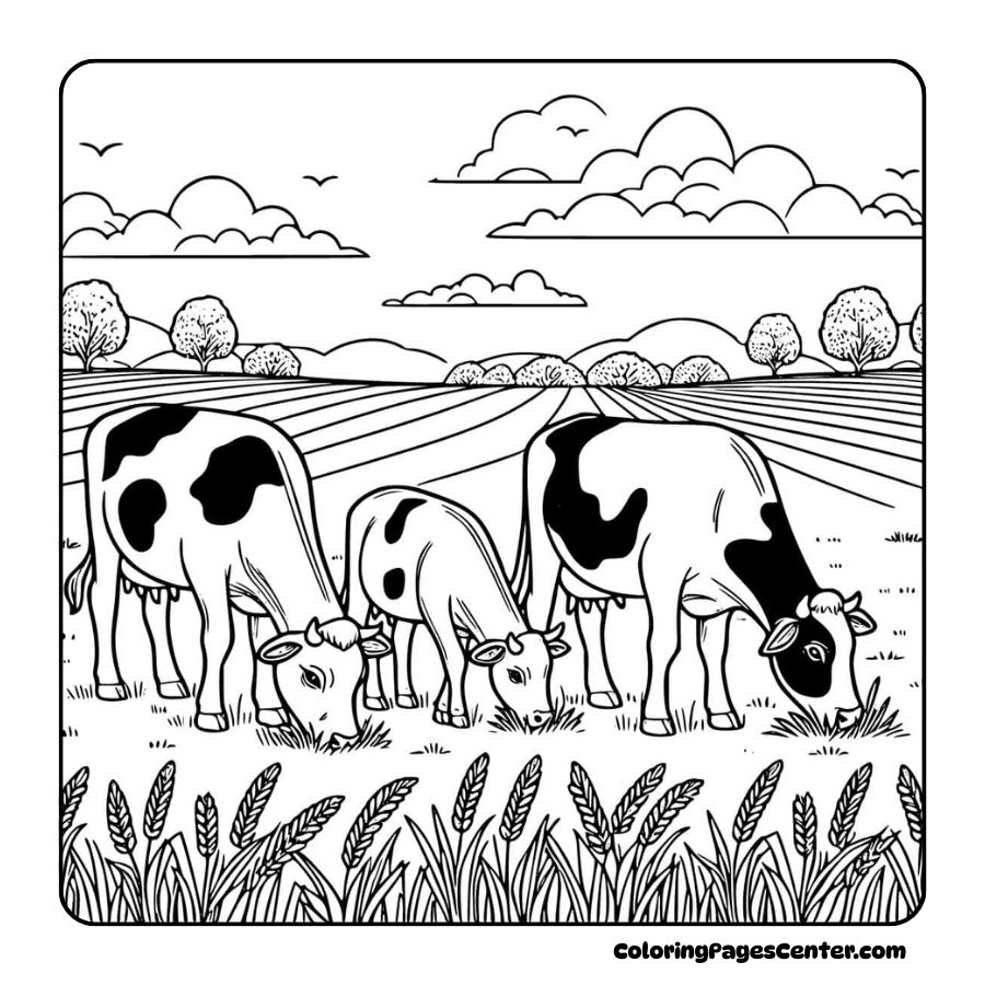 Cow coloring pages with cows eating grass in open farmland