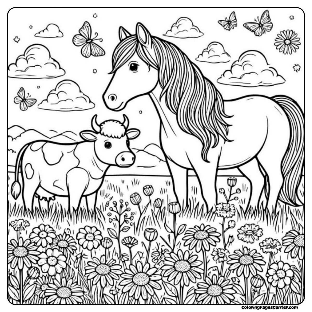 Printable horse and cow coloring sheet with nature and butterflies