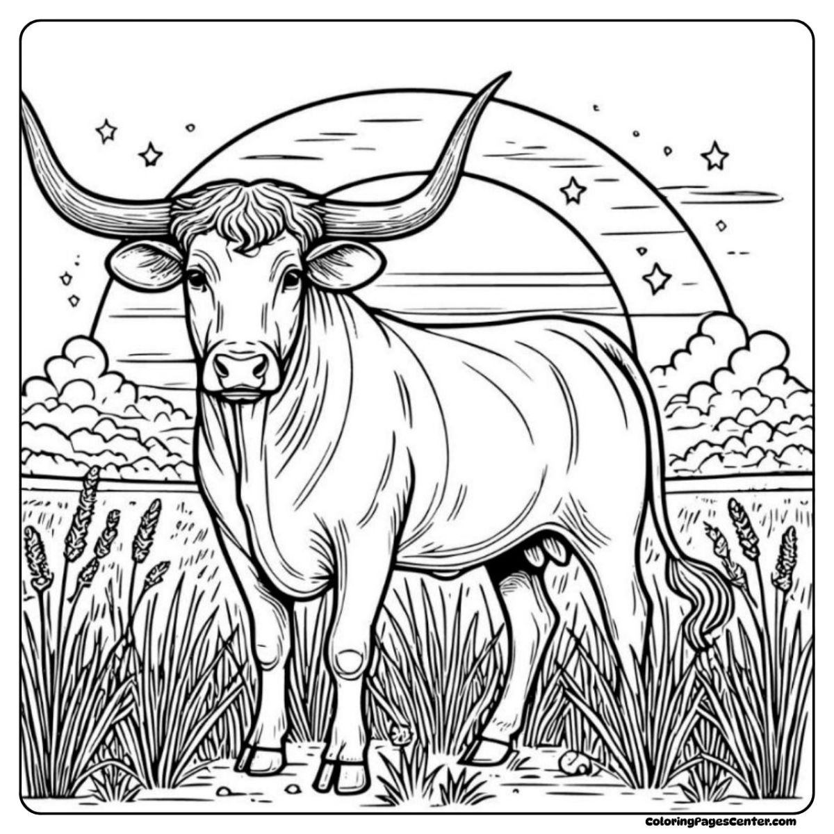 Longhorn cow coloring sheet in golden grass with a big prairie sky at dusk