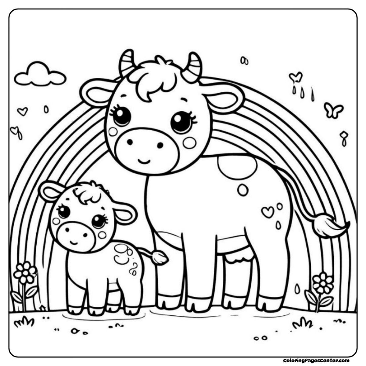 Cow and calf coloring page under a rainbow full of joy