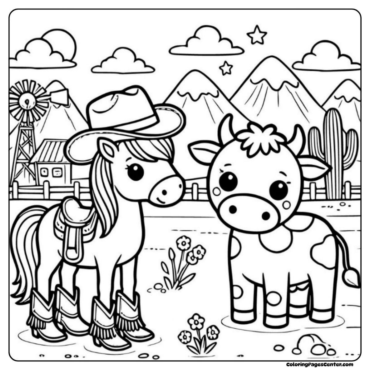 Horse and cow coloring printable at a western ranch landscape