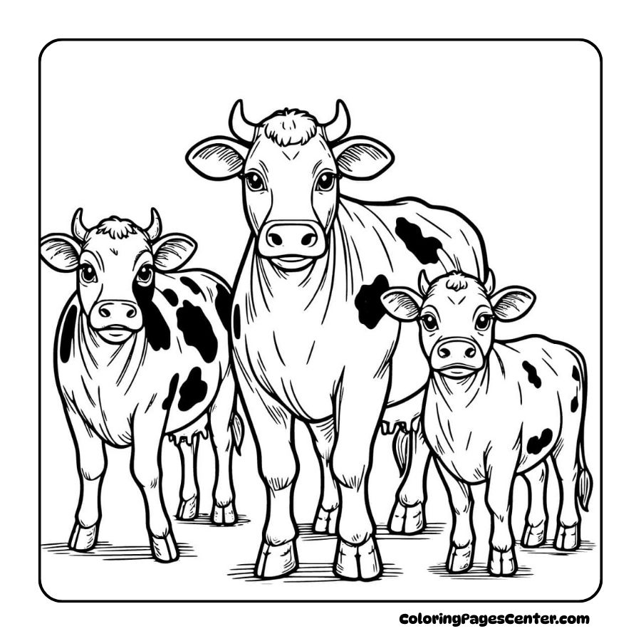 Cow coloring pages of detailed cow family portrait