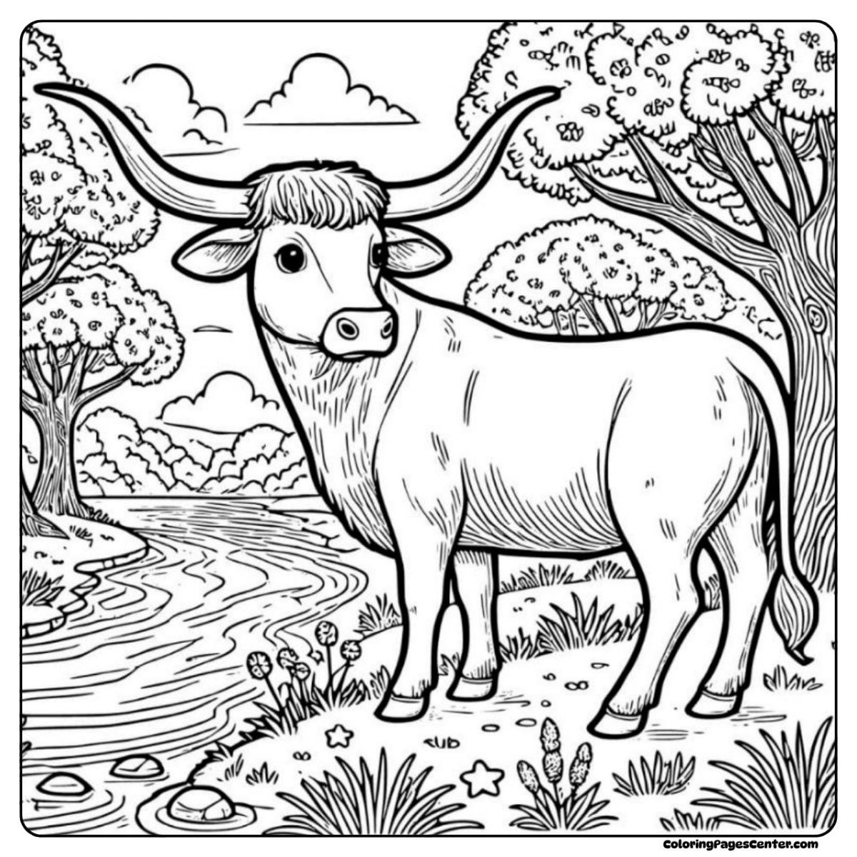 Longhorn cow coloring artwork standing by a winding river and tall trees